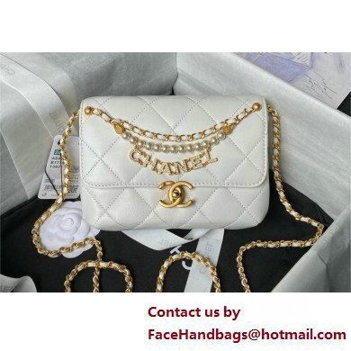 CHANEL Shiny Lambskin, Imitation Pearls & Gold-Tone Metal Mini Flap Bag AS4986 white 2025